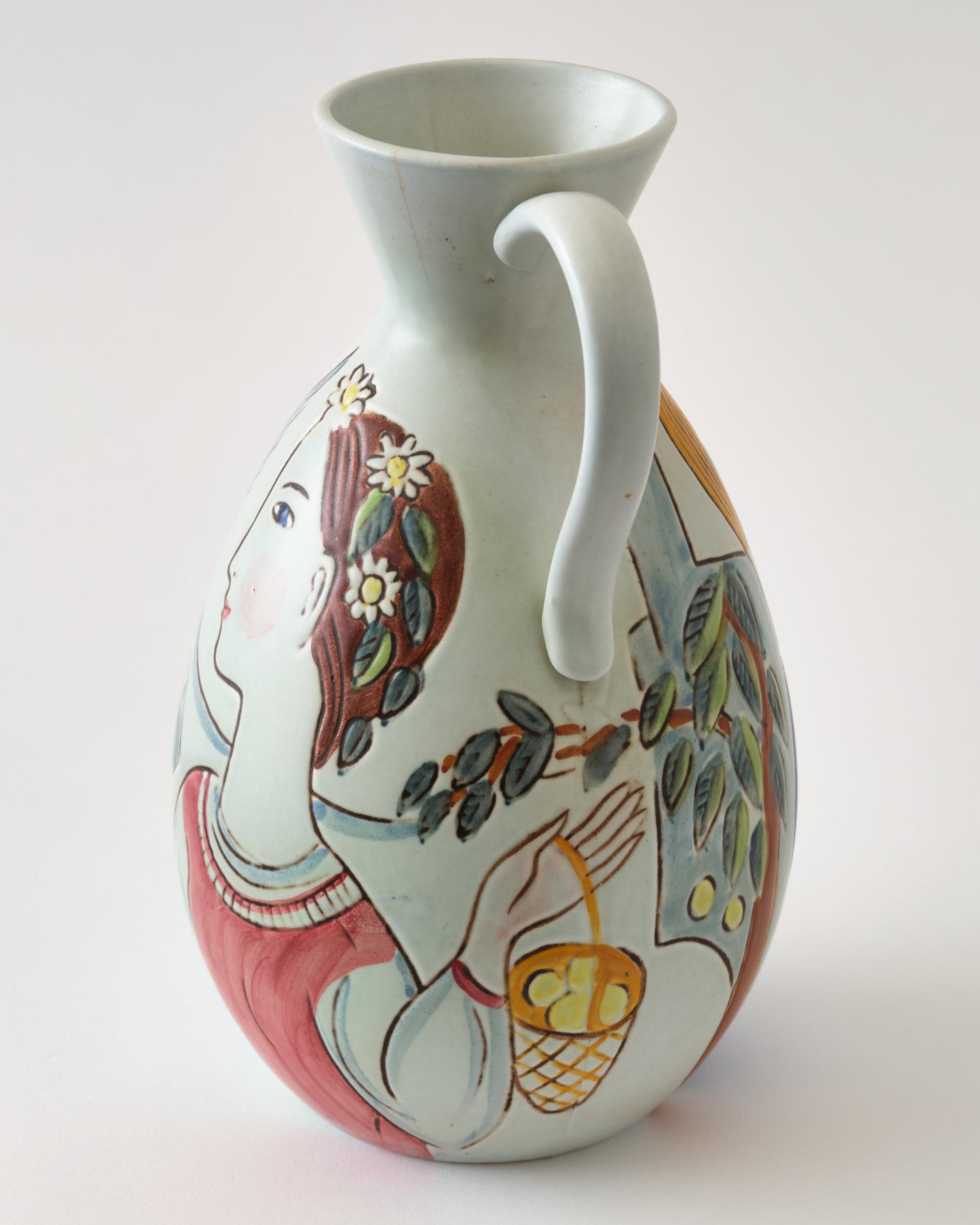 Ceramic Vase by C-H Stalhane, Sweden, Woman & Man Painted, Multi Colors, C 1950 In Good Condition For Sale In New York, NY