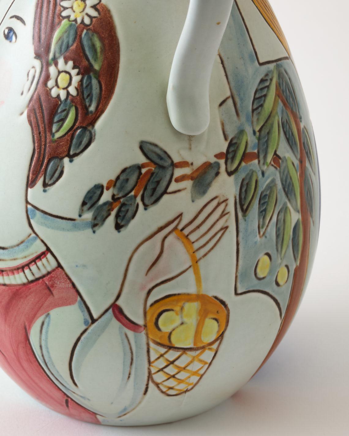 Mid-20th Century Ceramic Vase by C-H Stalhane, Sweden, Woman & Man Painted, Multi Colors, C 1950 For Sale