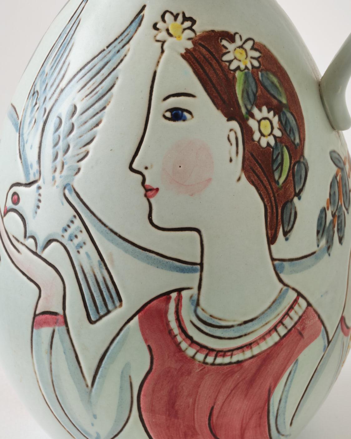 Ceramic Vase by C-H Stalhane, Sweden, Woman & Man Painted, Multi Colors, C 1950 For Sale 2