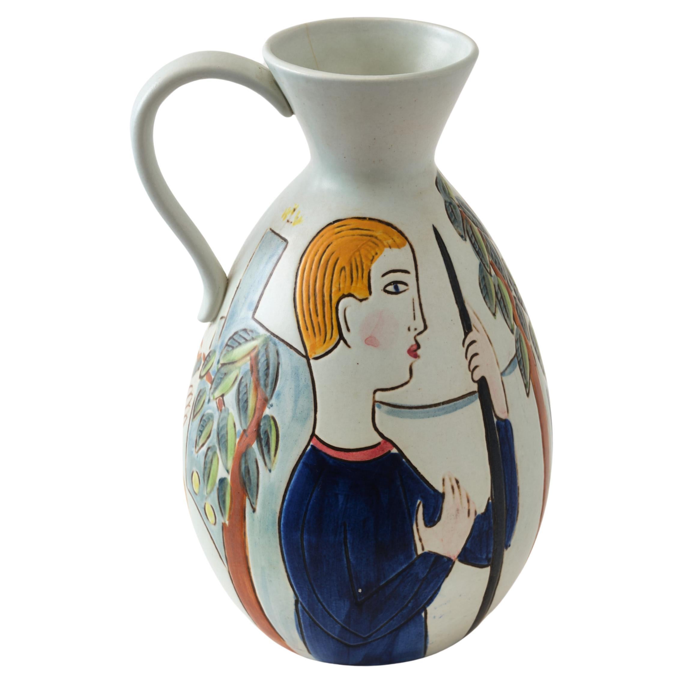 Ceramic Vase by C-H Stalhane, Sweden, Woman & Man Painted, Multi Colors, C 1950 For Sale