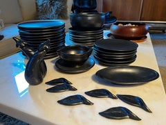 Ceramony Vallauris Earthenware Set Mat Black and Shiny Lead 1950 - 38 Pieces