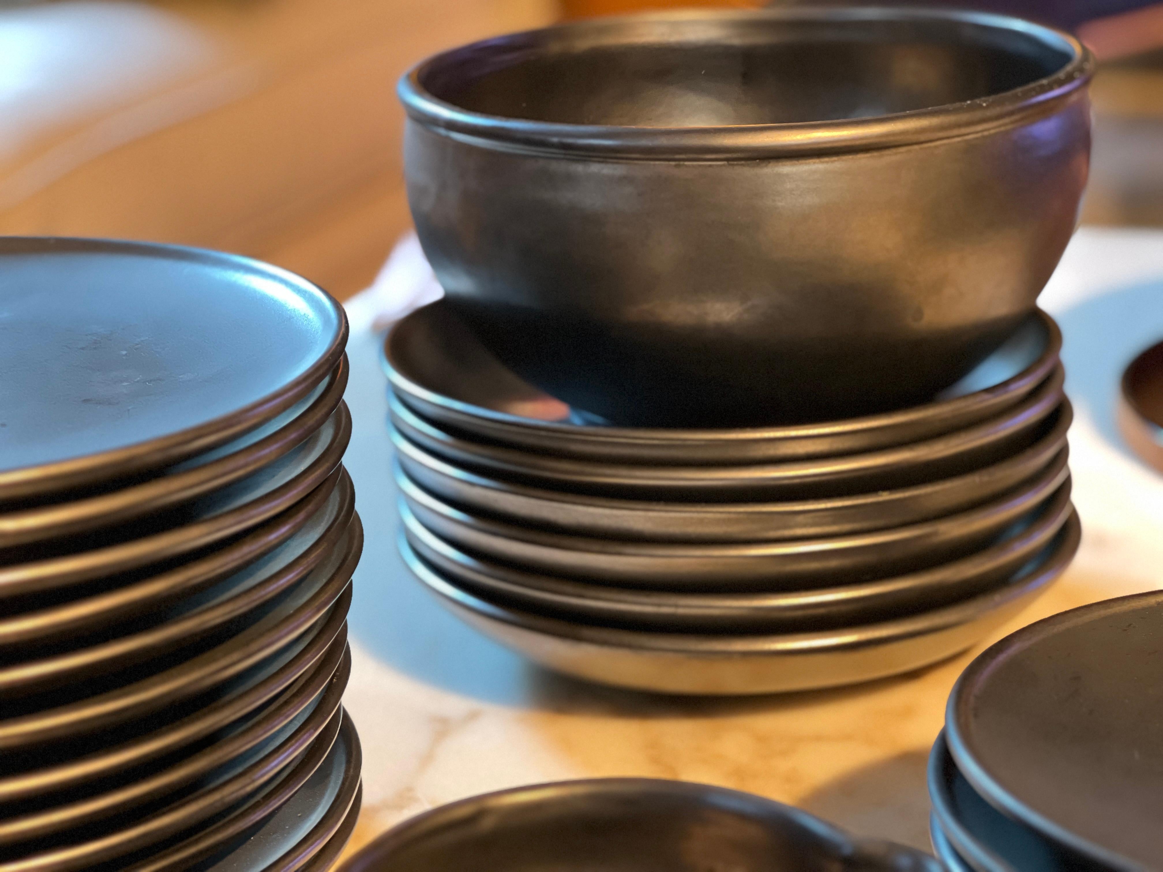 Mid-Century Modern Ceramony Vallauris Earthenware Set Mat Black and Shiny Lead 1950 - 38 Pieces For Sale