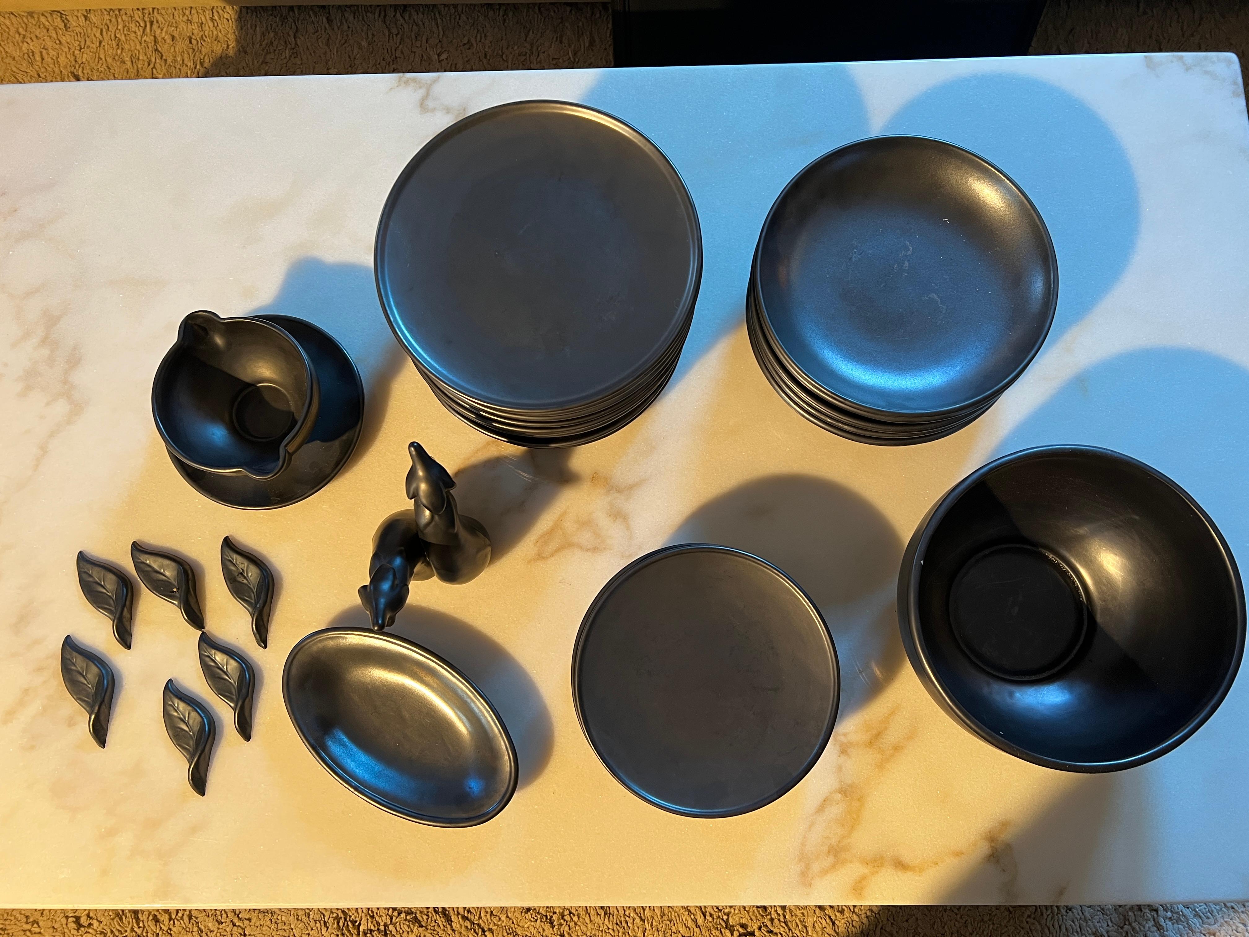 Mid-20th Century Ceramony Vallauris Earthenware Set Mat Black and Shiny Lead 1950 - 38 Pieces For Sale