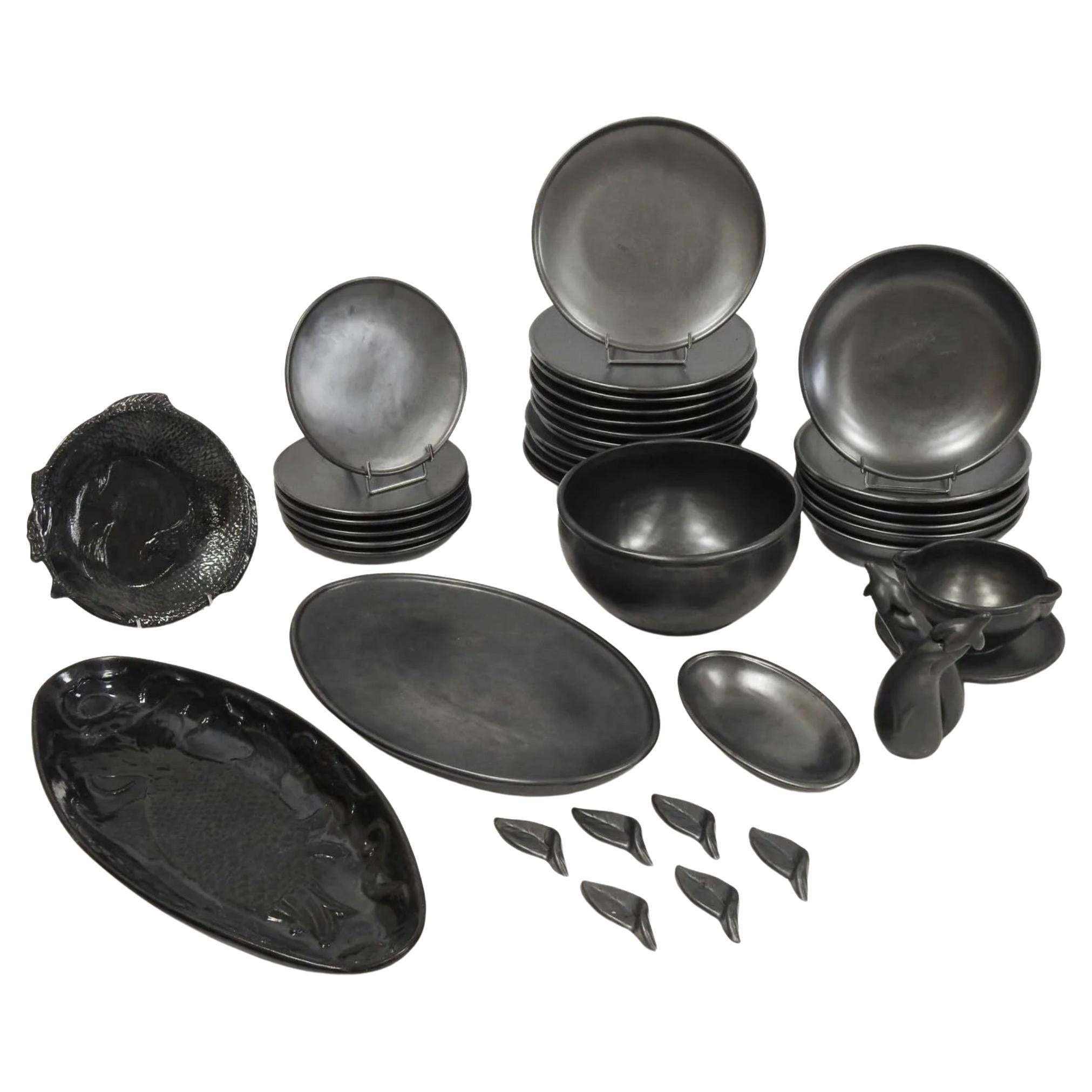 Ceramony Vallauris Earthenware Set Mat Black and Shiny Lead 1950 - 38 Pieces For Sale