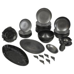 Ceramony Vallauris Earthenware Set Mat Black and Shiny Lead 1950 - 38 Pieces