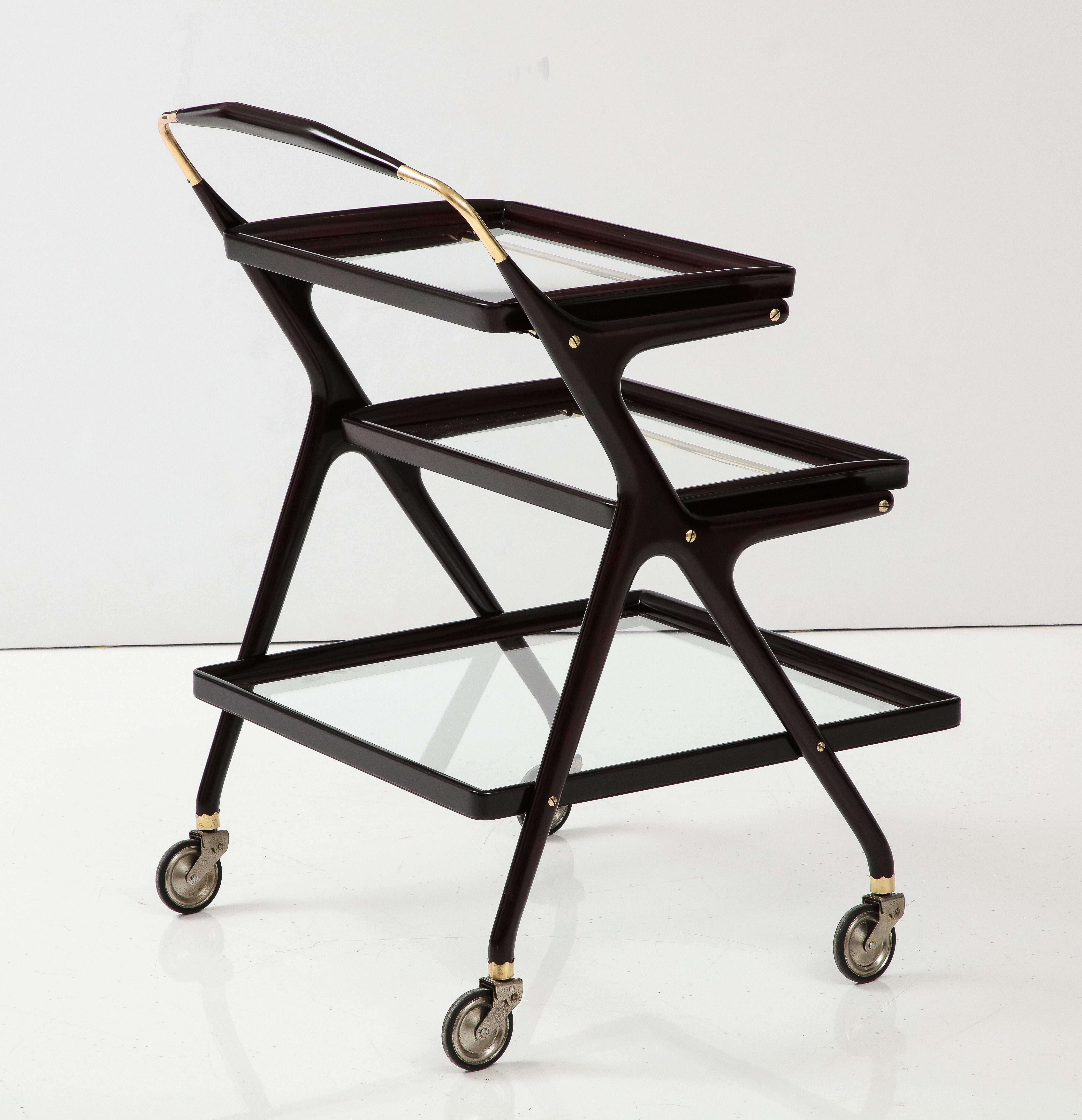 Brass Cesare Lacca Modernist 3 Tier Bar Cart For Sale