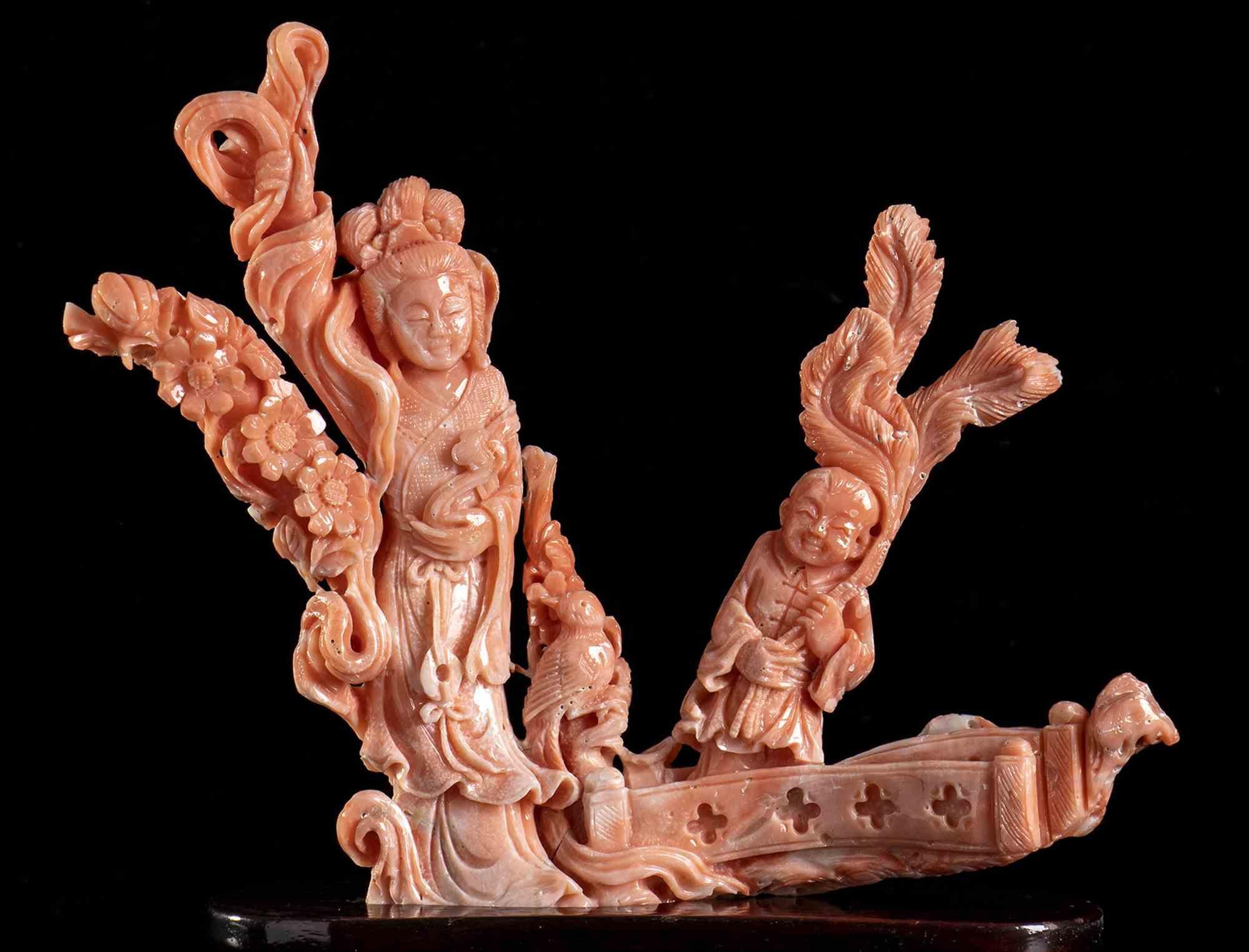 Cerasuolo coral carving (corallium elatius)

Coral carving depicting a Geisha with a child placed on a wooden base. Sculpture dimensions 14.7 x 19 x 2 cm, base 5.2 x 16 x 6.3 cm. Sculpture weight 287.4 gr.
Item condition grading: ***** excellent.