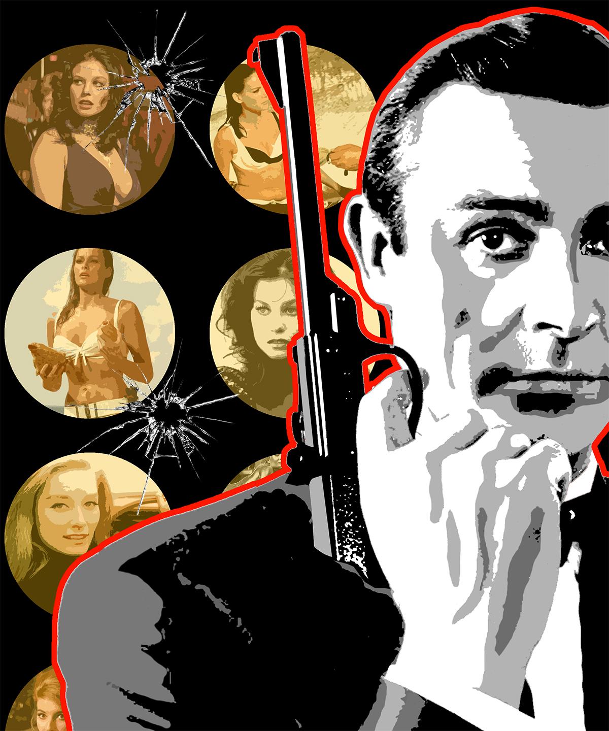 Signierter Monodruck 007 „Bond Girls Red and Golden“, 29x32“ auf Hadernpapier (Pop-Art), Mixed Media Art, von Ceravolo