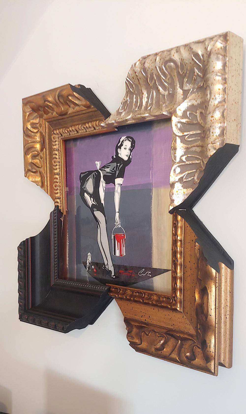 „Französische Jungfrau mit vier Ecken“  Acryl, Collage, Harzrahmen-Ecken (Zeitgenössisch), Mixed Media Art, von Ceravolo