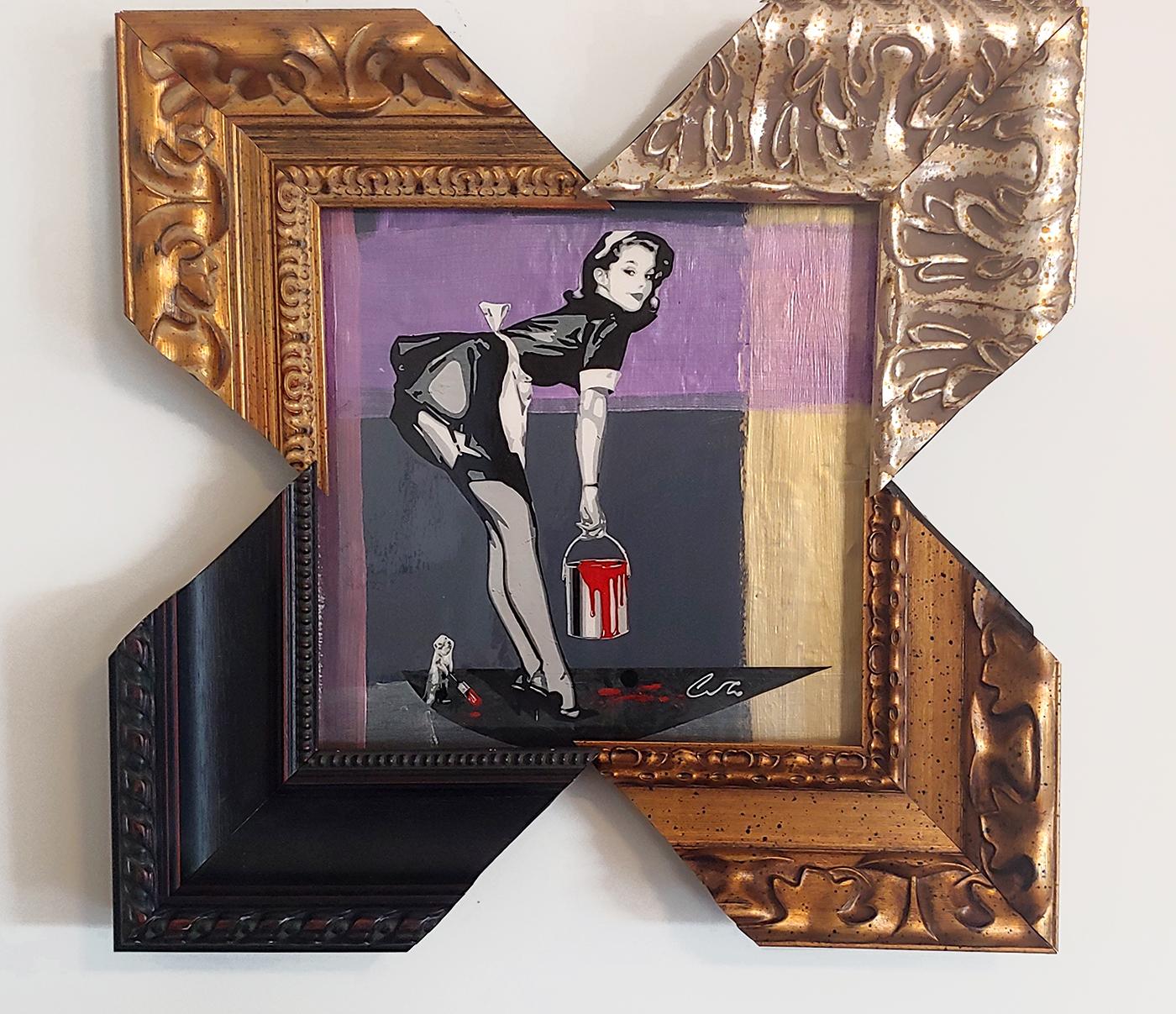 "French Maid Four Corners"  Acrylic, Collage, resin Frame Corners