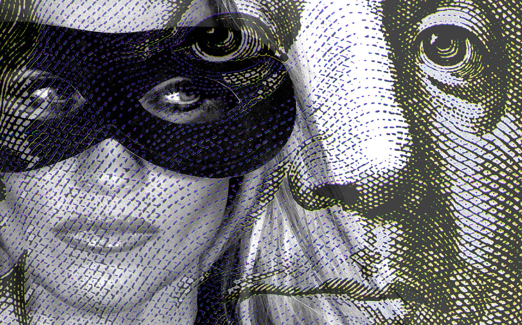 Masquerade Ball mit Ben Franklin, Acryl und Mischtechnik Leinwand 32x60  – Photograph von Ceravolo
