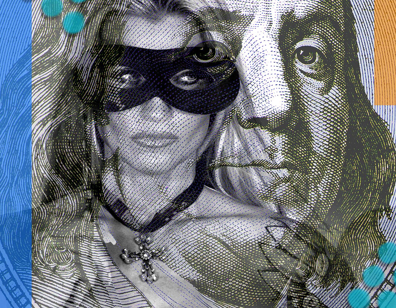 Masquerade Ball with Ben Franklin, acrylic and mixed media Canvas 32x60  - Contemporary Photograph by Ceravolo