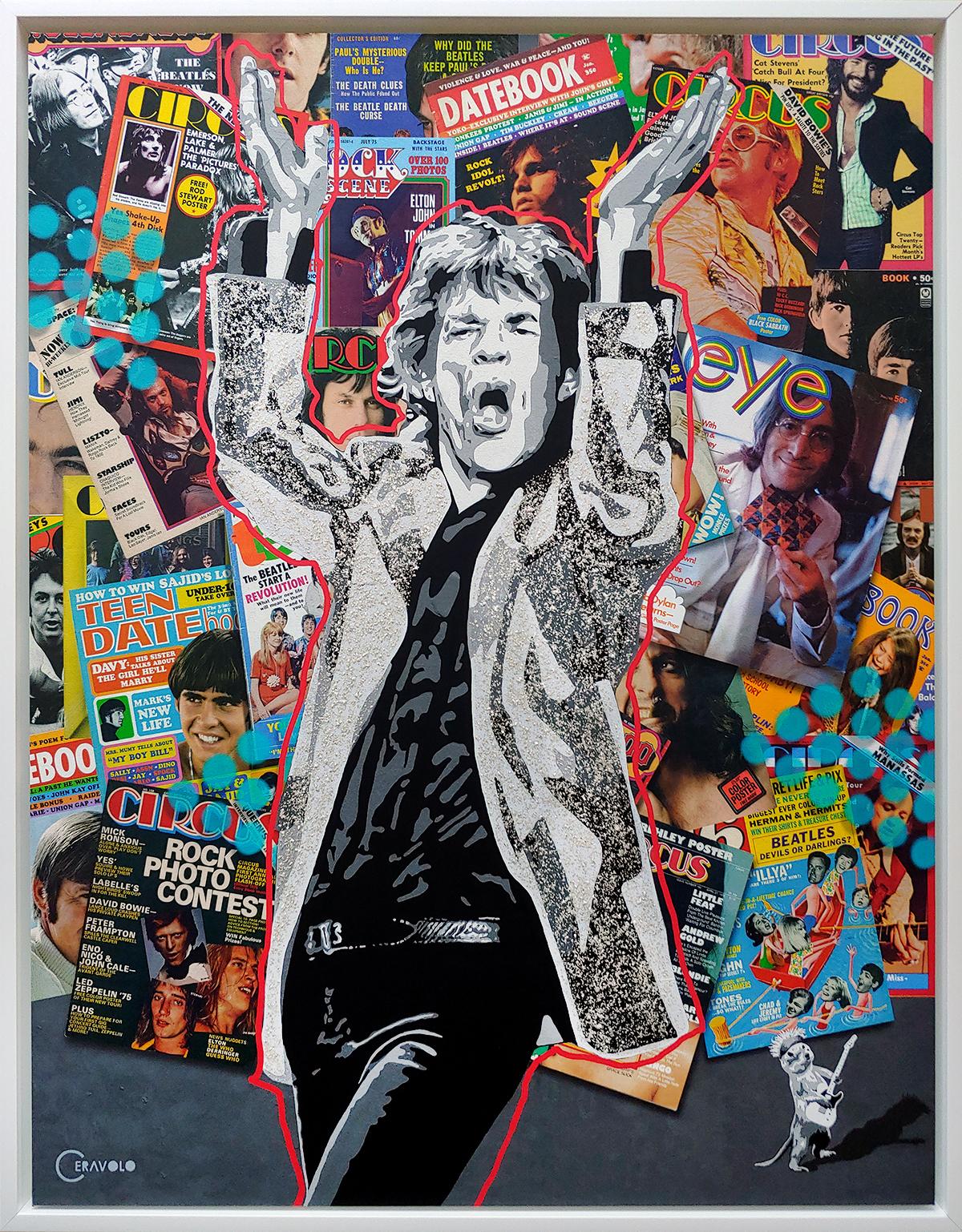 Jouant avec Jagger, polymère acrylique avec écailles de mica sur toile avec encres d'archives