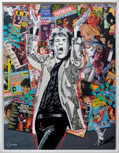 Playing w / Jagger, Acrylpolymer mit Glimmerflecken auf Leinwand mit Archivtinte