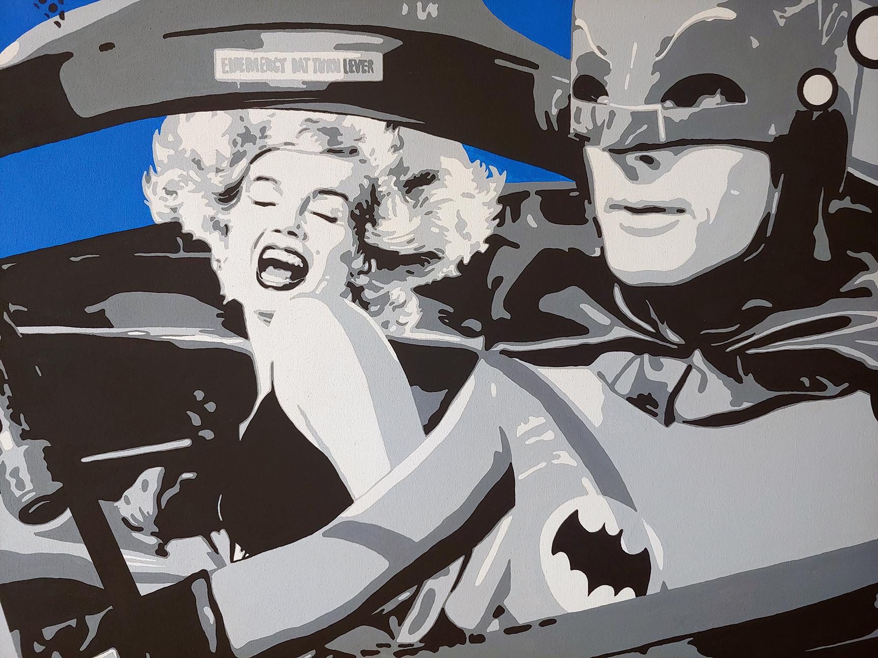 „ Purple POW“ Monoprint Batman & der Filmstar, schillerndes Fledermaus Signal aus Acryl in Acryl im Angebot 2