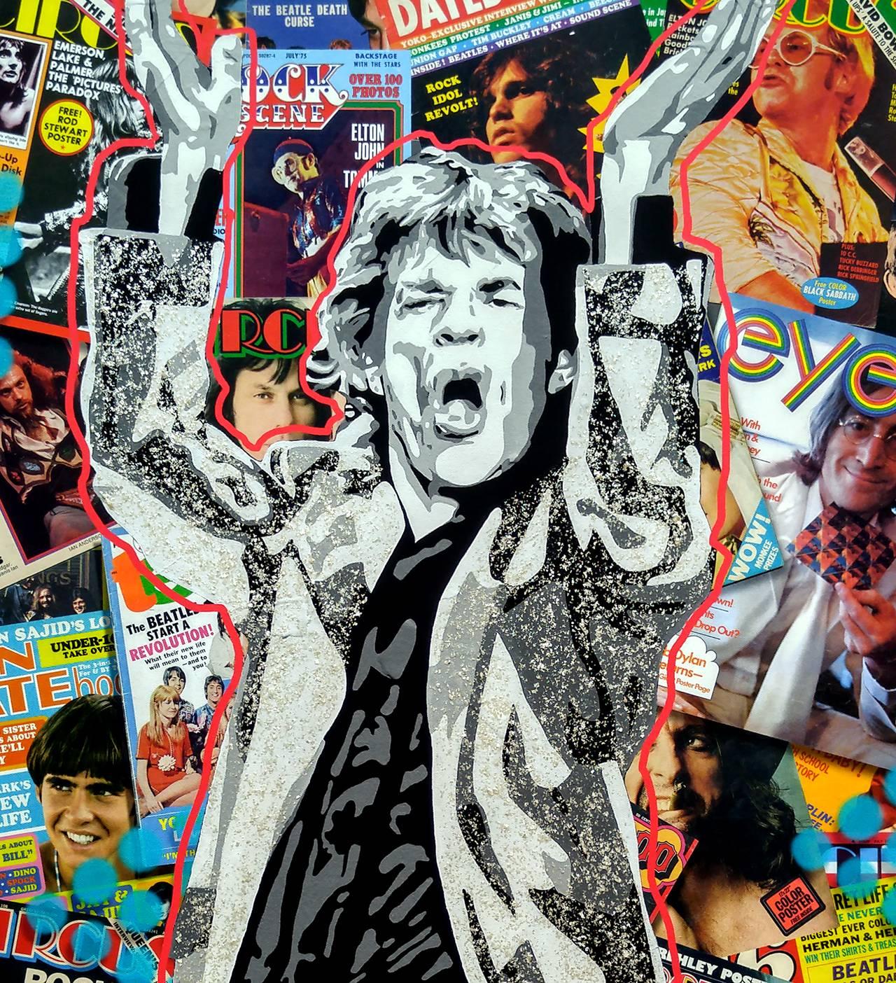 Jouant avec Jagger, polymère acrylique avec écailles de mica sur toile avec encres d'archives en vente 3