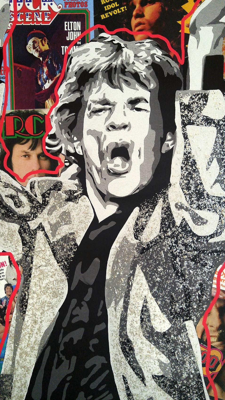 Jouant avec Jagger, polymère acrylique avec écailles de mica sur toile avec encres d'archives en vente 5