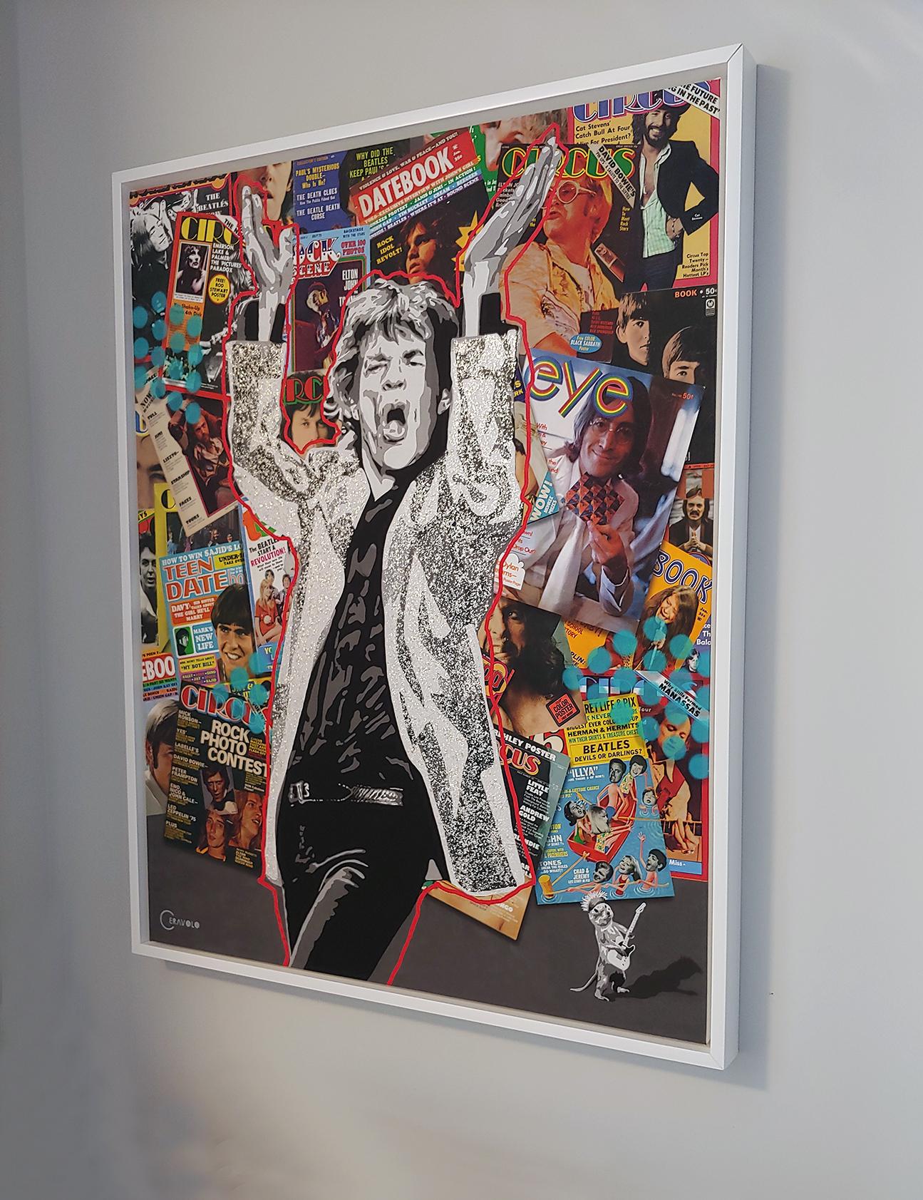 Jouant avec Jagger, polymère acrylique avec écailles de mica sur toile avec encres d'archives en vente 2