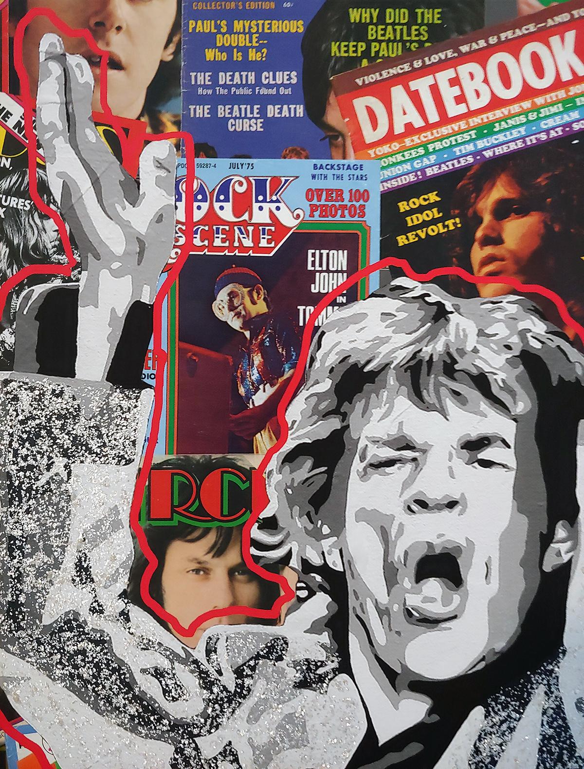 Jouant avec Jagger, polymère acrylique avec écailles de mica sur toile avec encres d'archives en vente 8