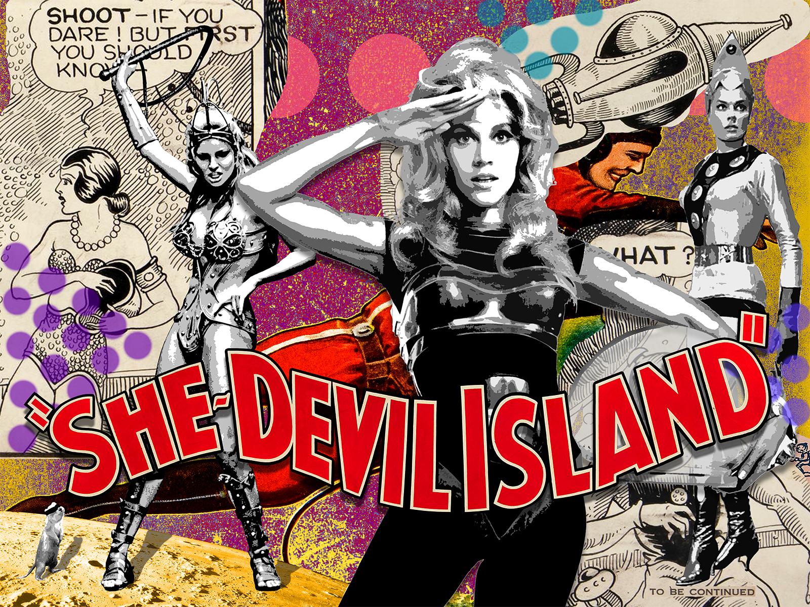 She Devil Island, 31x39 gerahmt, Sci Fi Mixed Media-Bild mit Handarbeit (Pop-Art), Mixed Media Art, von Ceravolo