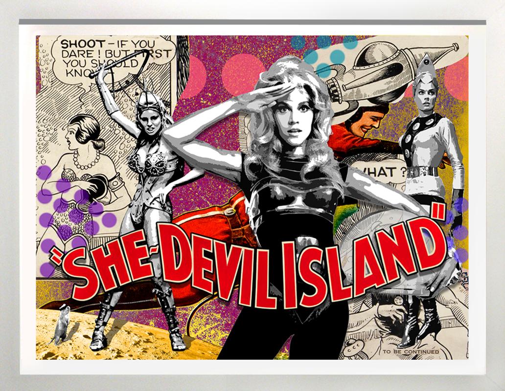 She Devil Island, 31x39 gerahmt, Sci Fi Mixed Media-Bild mit Handarbeit