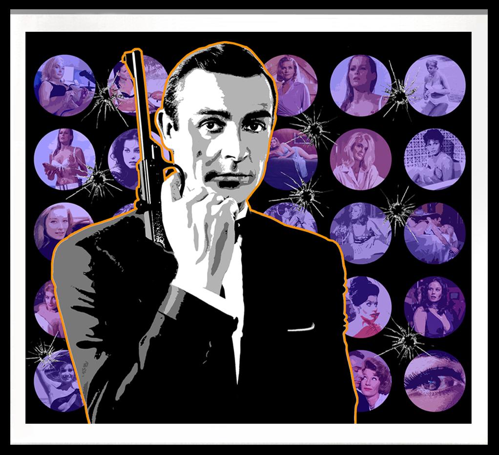 Signierter Monodruck 007 „Bond Girls Orange und Violett“ mit Kugellöchern – Mixed Media Art von Ceravolo