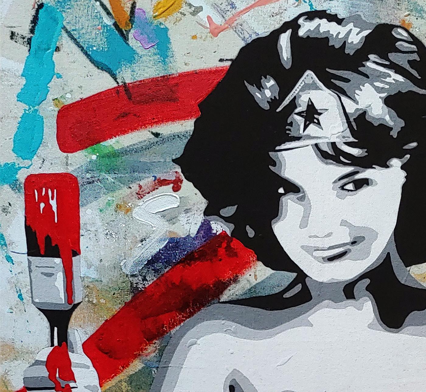 Wonder Jackie - Portrait de femme merveilleuse urbaine en technique mixte de Jackie Kennedy  en vente 4