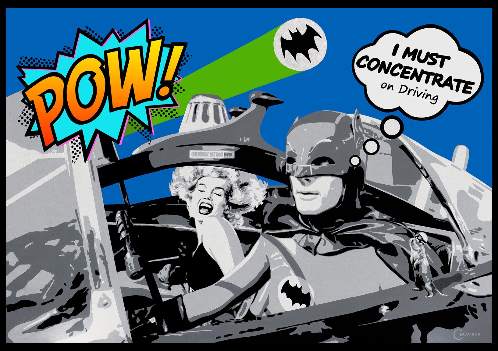 "YELLOW ORANGE POW" Monoprint Batman & the Movie Star with iridescent Bat Signal - Mixed Media Art by Ceravolo