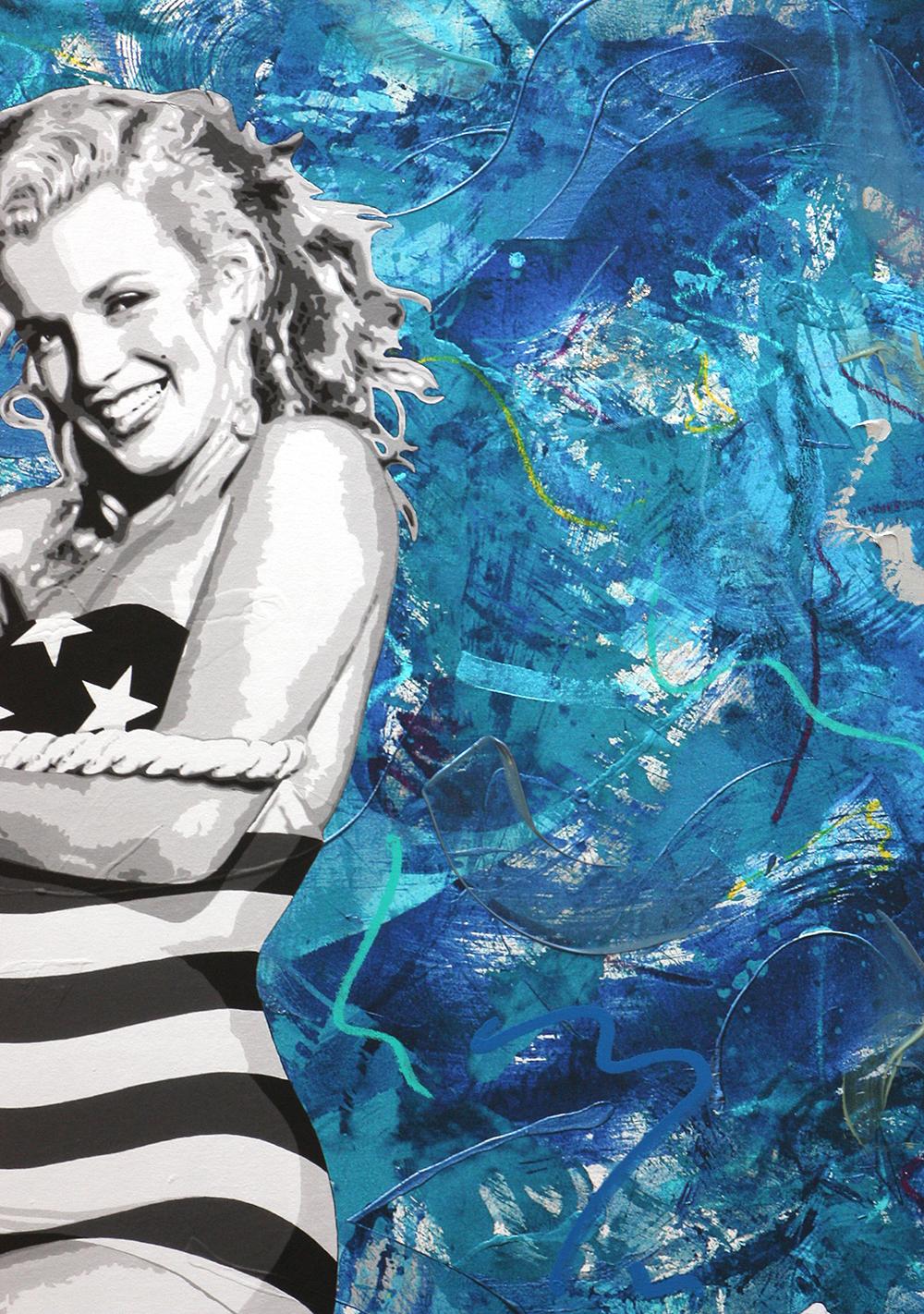 Young Marilyn Monroe at the Beach tug of war  40x50 acrylic & mixed media canvas - Pop Art Painting by Ceravolo