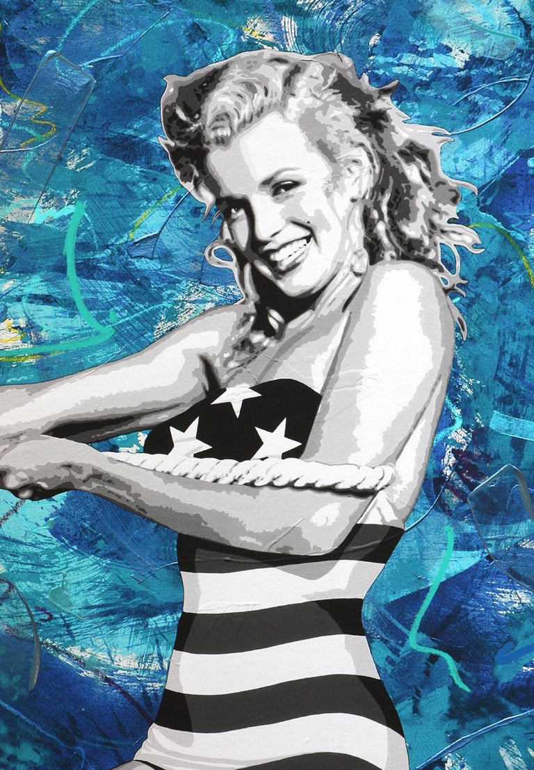Young Marilyn Monroe at the Beach tug of war  40x50 acrylic & mixed media canvas - Painting by Ceravolo