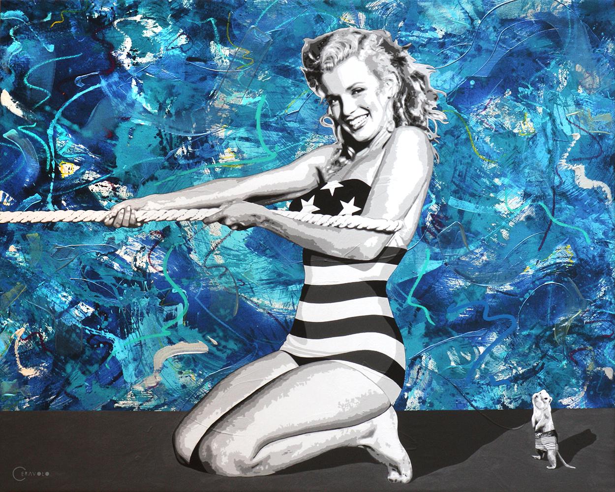 Young Marilyn Monroe at the Beach tug of war  40x50 acrylic & mixed media canvas
