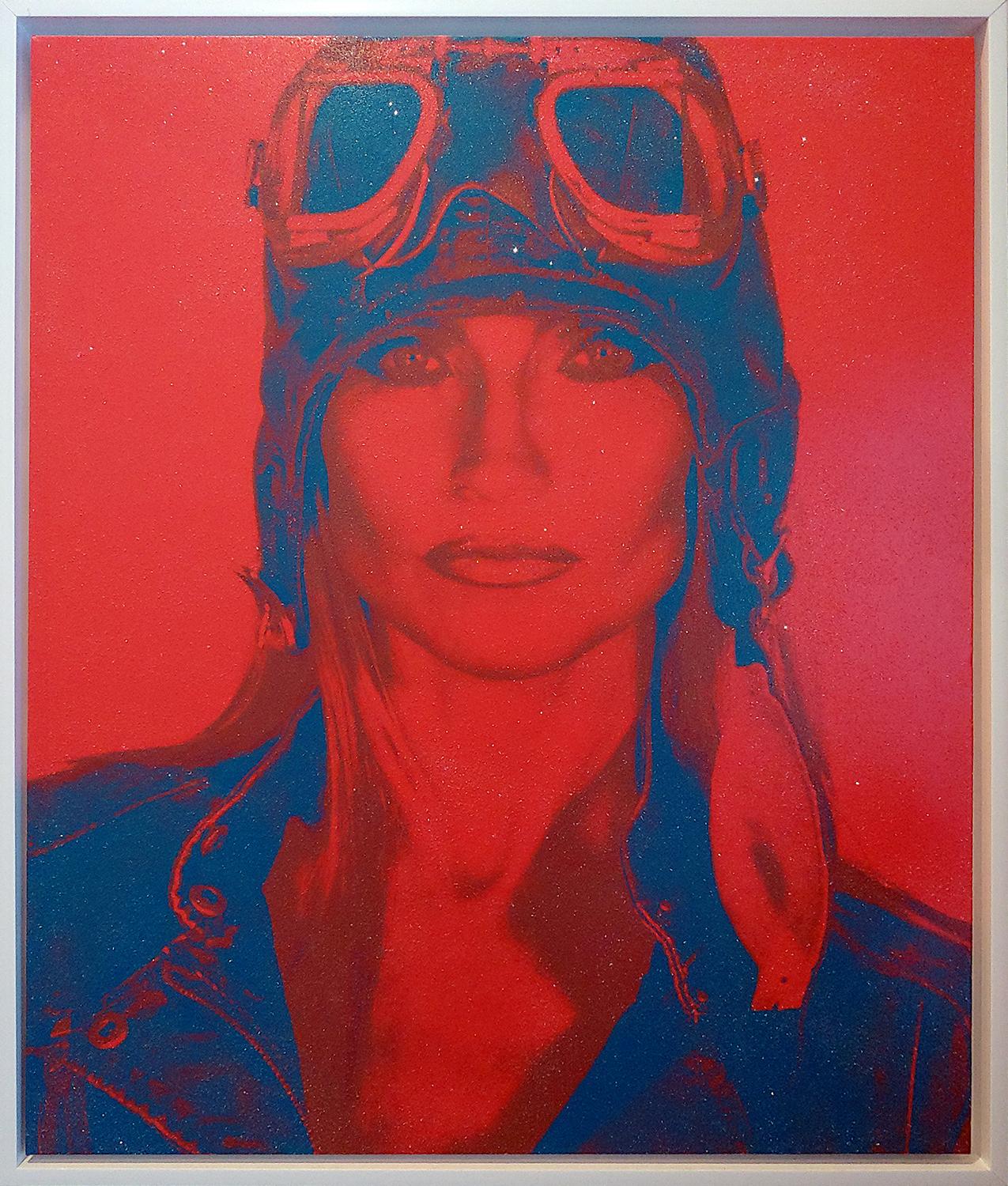 Ceravolo Portrait Painting – AVIATRIX Staubmantel mit roten und blauen Diamanten auf Leinwand