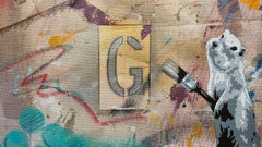 "Cat and G"  oil, acrylic, spray paint & Metallic Paint on canvas, 2020,  24x34"
