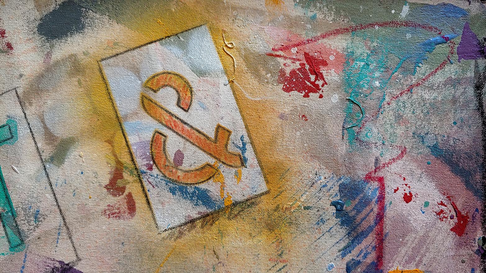 „Katze und G““  Öl, Acryl, Sprühfarbe und Metallic Paint auf Leinwand, 2020,  24x34