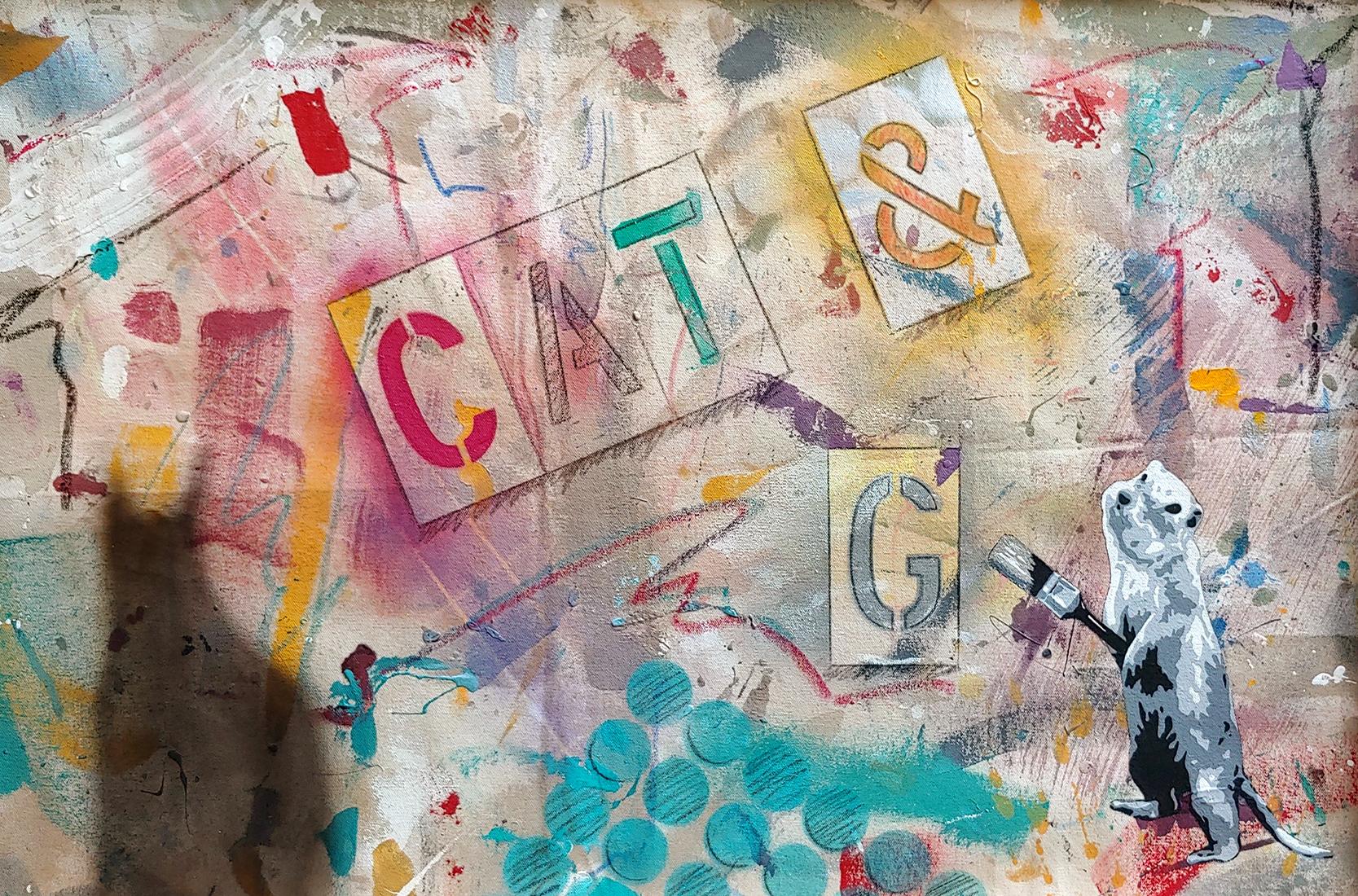 Ceravolo Abstract Painting – „Katze und G““  Öl, Acryl, Sprühfarbe und Metallic Paint auf Leinwand, 2020,  24x34"