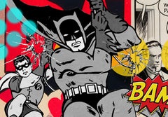 "Wild Day in Gotham" 42x30" mixed media canvas, Batman, Superman, Bullet holes