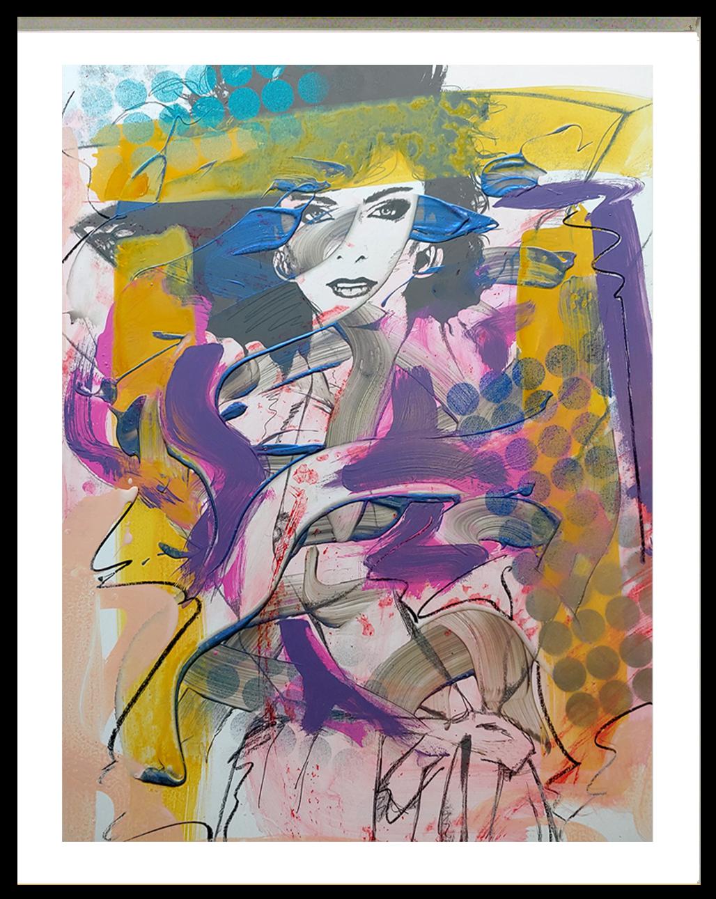 Ceravolo Figurative Painting - Woman 1 , Acrylic, enamel, oil stick. metallic spray paint on Silkscreened board