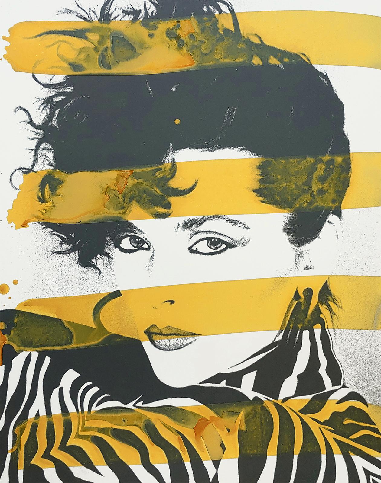 Modell aus Zebra mit gelben Streifen, New Yorker Modell  Acryl und Siebdruck auf Karton (Zeitgenössisch), Mixed Media Art, von Ceravolo