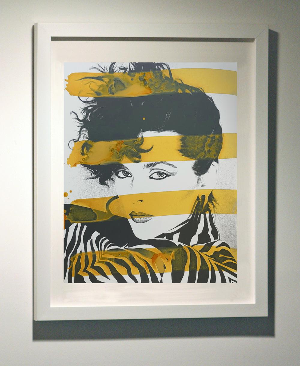 New York Model in Zebra with yellow stripes,  acrylic and silk screen on board For Sale 4