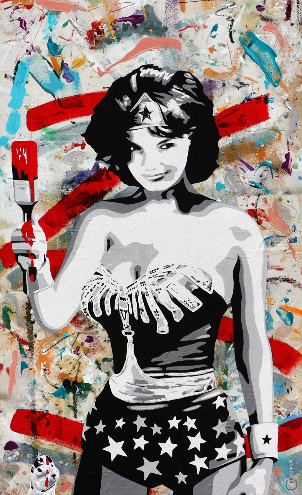 Wonder Jackie - Portrait de femme merveilleuse urbaine en technique mixte de Jackie Kennedy  - Mixed Media Art de Ceravolo