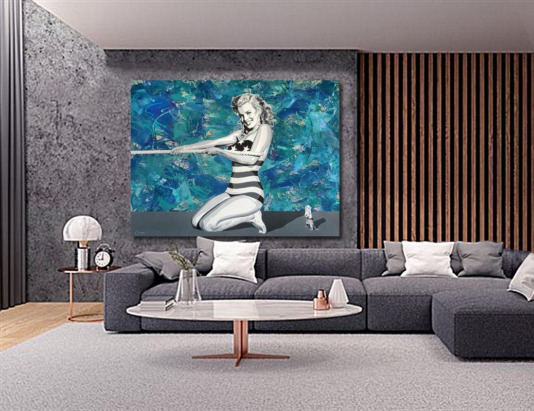 Young Marilyn at the Beach tug of war, Large 68x88 Oil and Acrylic on canvas - Blue Figurative Painting by Ceravolo