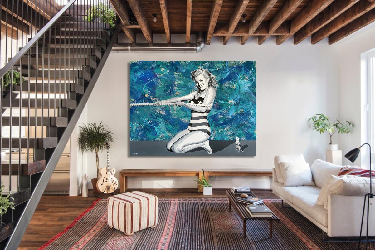 This large almost 8 feet wide oil and acrylic on canvas painting brings the feel of the ocean right into your home. The blues and aqua of the background of the painting along with the movement created by the swirling brush strokes creates the feel