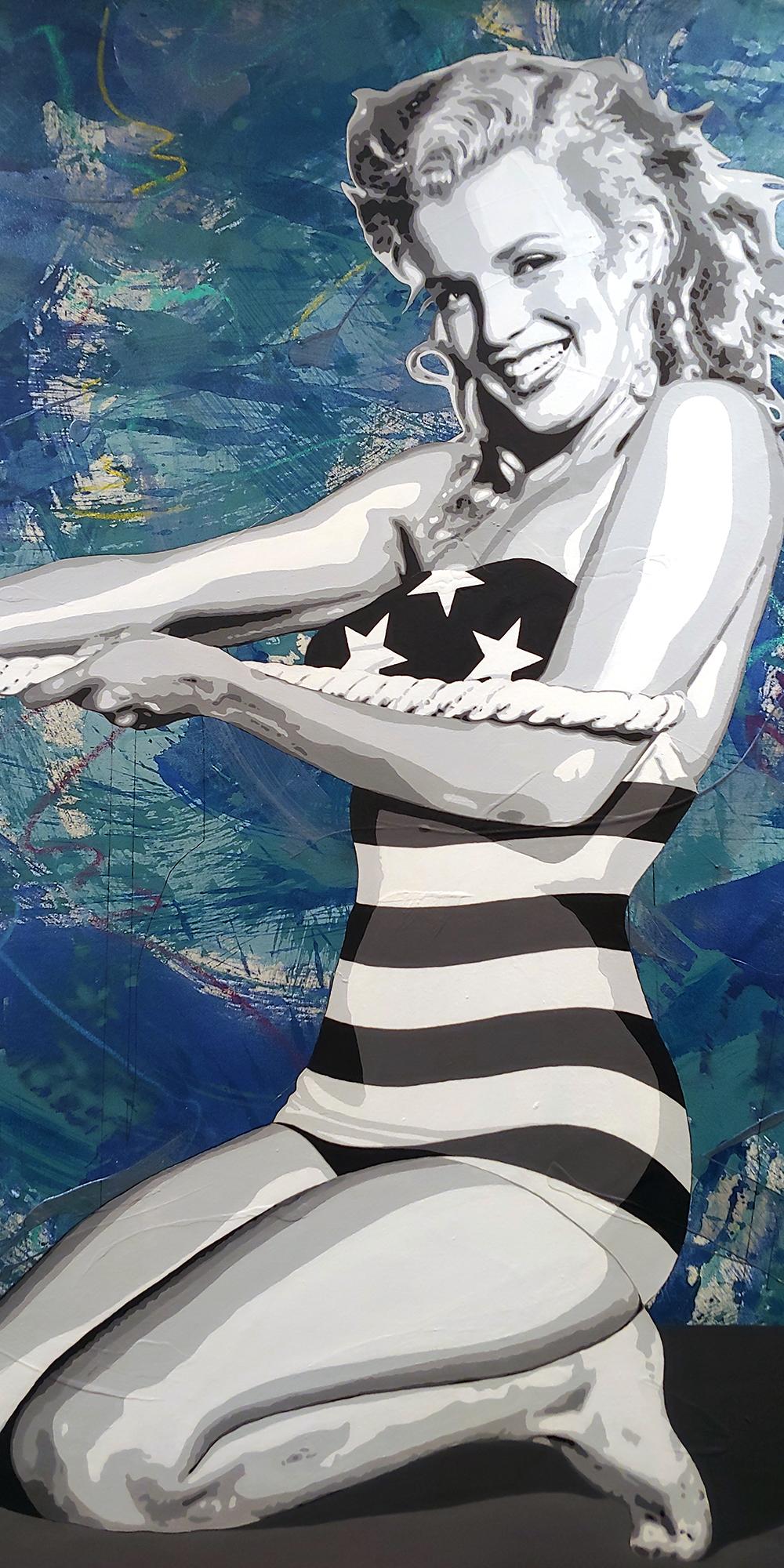 Jeune Marilyn at the Beach tug of war, grand format 68x88 Huile et acrylique sur toile en vente 3