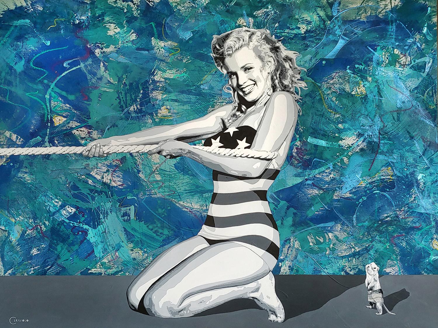 Ceravolo Figurative Painting – Young Marilyn at the Beach tug of War, Groß, 68x88, Öl und Acryl auf Leinwand