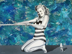 Used Young Marilyn at the Beach tug of war, Large 68x88 Oil and Acrylic on canvas