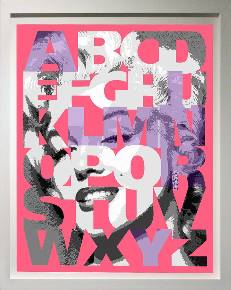 Ceravolo Portrait Painting - "Alphabet Marilyn" Lavender/Pink, 42x36", framed