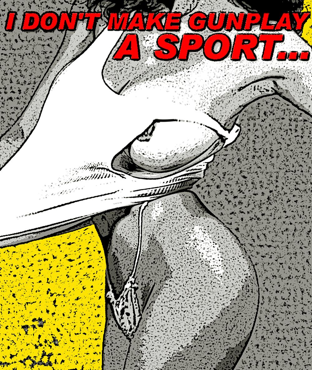 „I Don't Make Gun Play a Sport“ Comic Pop Art 26x22“, gerahmte limitierte Auflage  (Pop-Art), Print, von Ceravolo