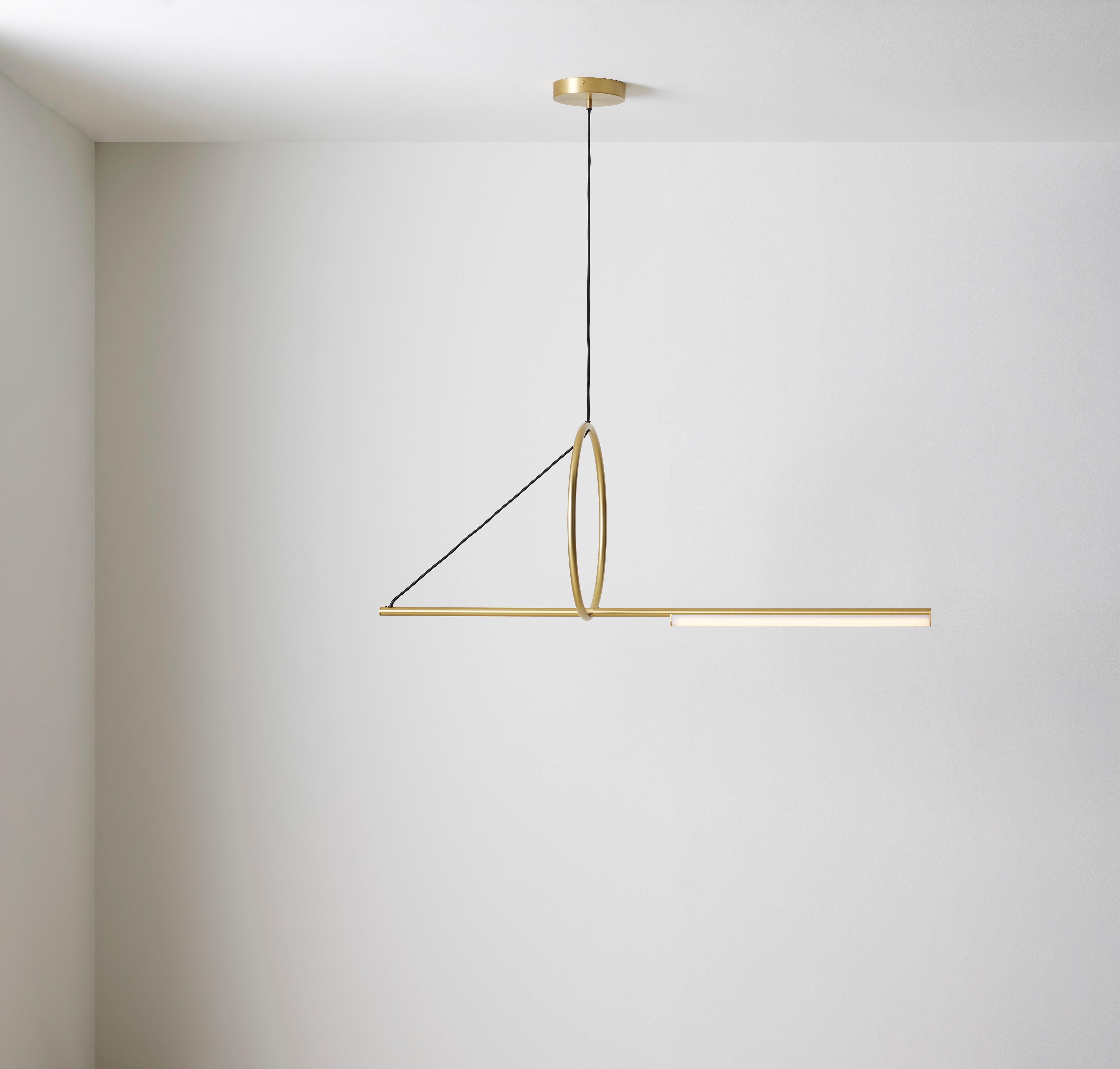 Cercle & Trait XS pendant by Pool
Dimensions: D 123 x W 16 X H 150 cm
Materials: solid brass, polycarbonate, textile cable (1m).
Others finishes and dimensions are available.

All our lamps can be wired according to each country. If sold to the