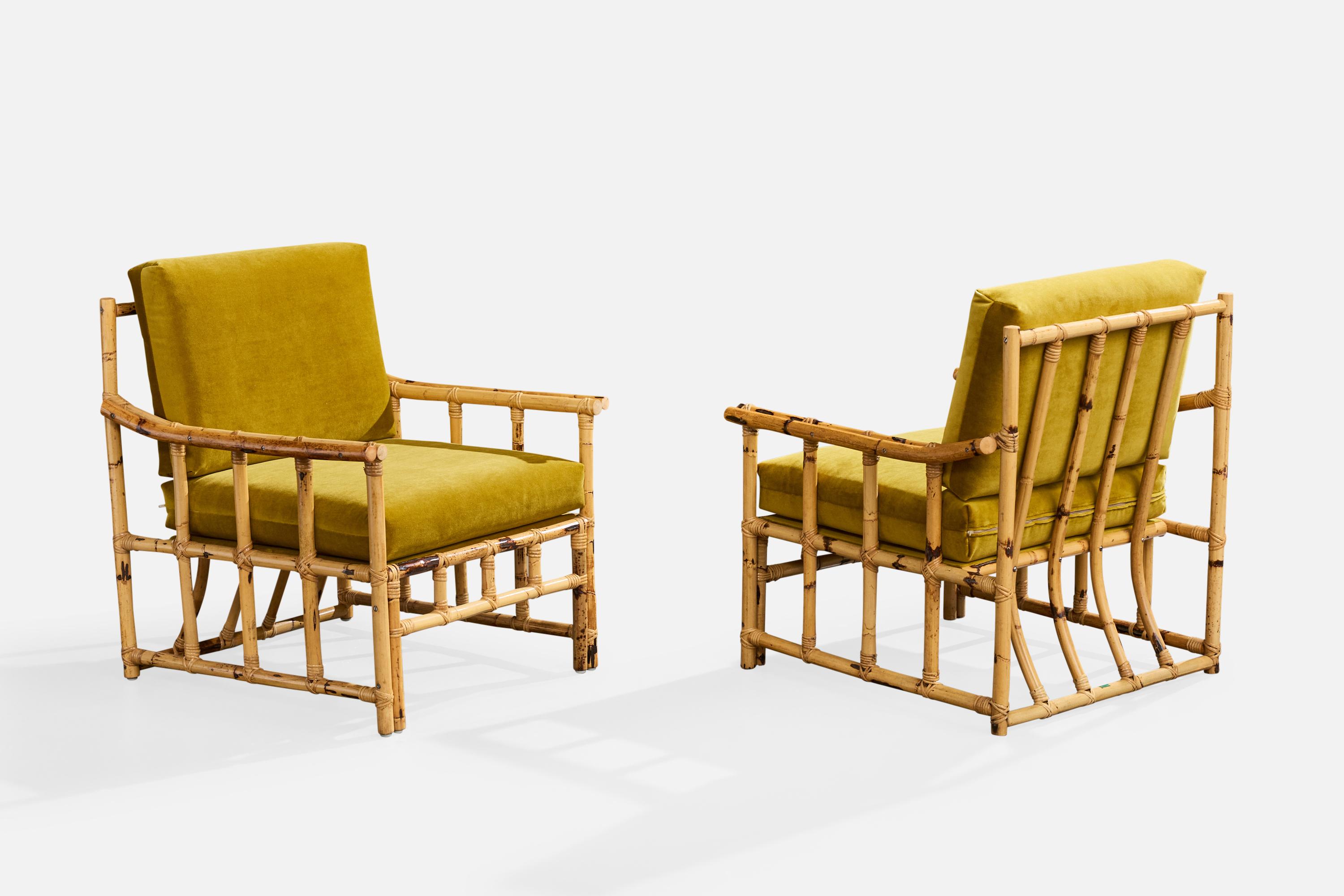 Mid-Century moderno Cerdá, Sedie da salotto, Bambù, Rattan, Velluto, Spagna, anni '50 in vendita