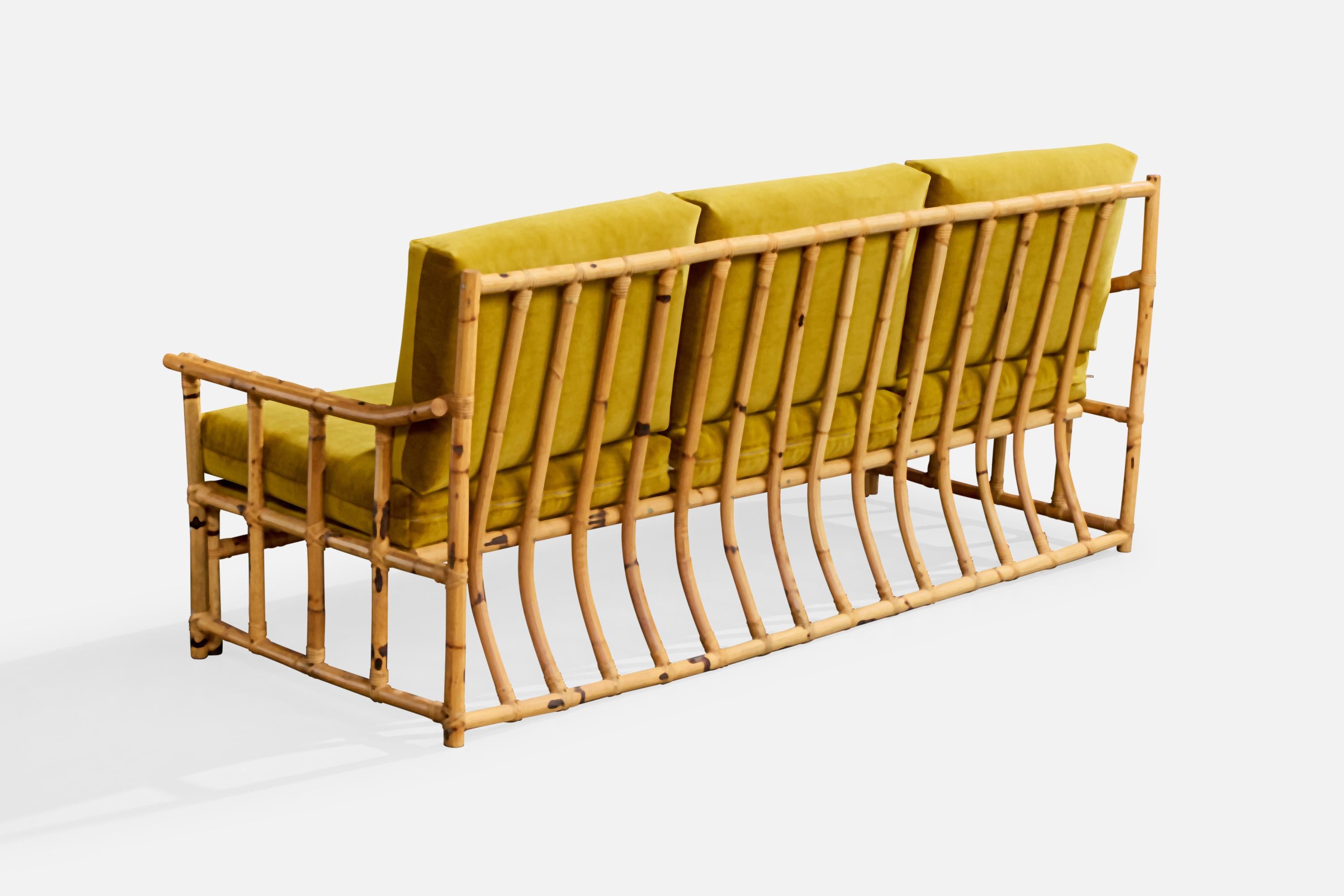 Mid-Century Modern Cerdá, Sofa, Bamboo, Rattan, Velvet, Spain, 1950s For Sale